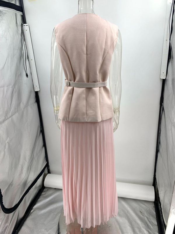 Sleeveless Chanel style vest vest mesh pleated skirt two-piece set