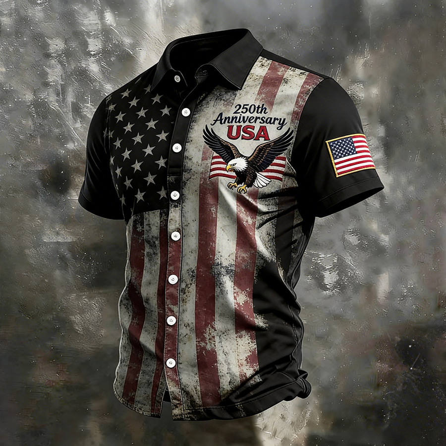 Men's Casual American Flag And Eagle Print Shirt