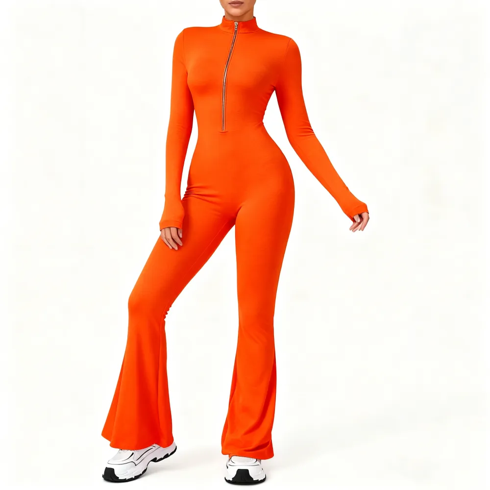 Women's Long Sleeve Flared Sports Jumpsuit - Zipper Jumpsuit