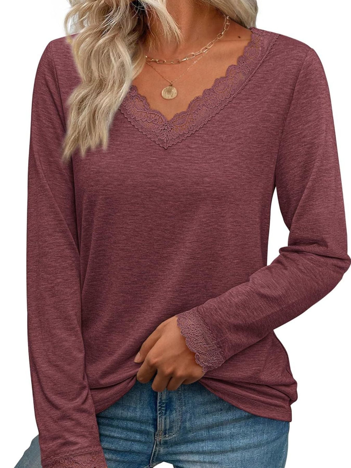 Lace Trim V-Neck Long Sleeve T-Shirt