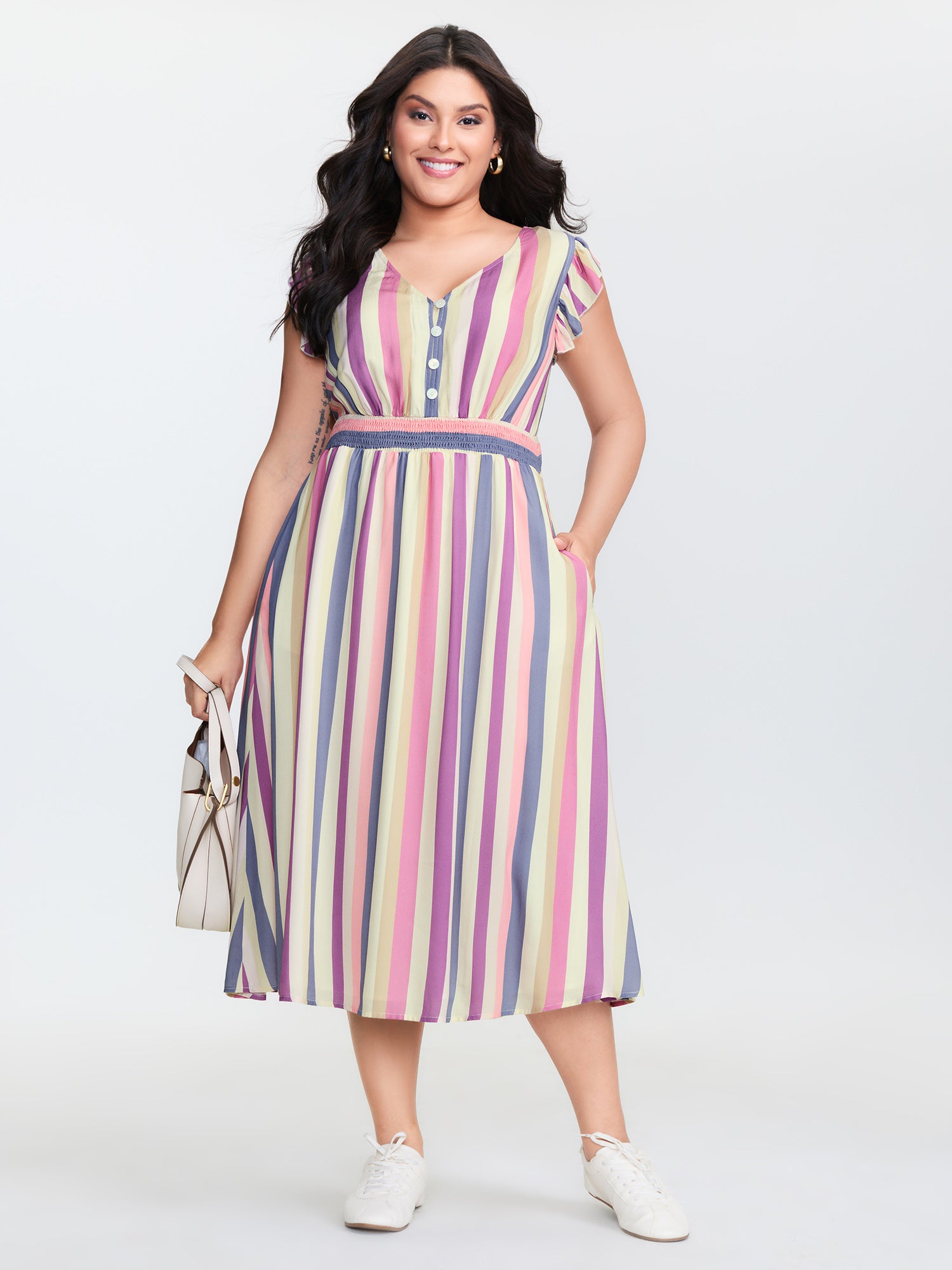 Striped Babydoll Flutter Sleeve Midi Dress