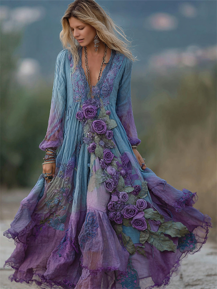 Vintage Purple Roses Ruffle Layered Gradient Flowy Maxi Dress
