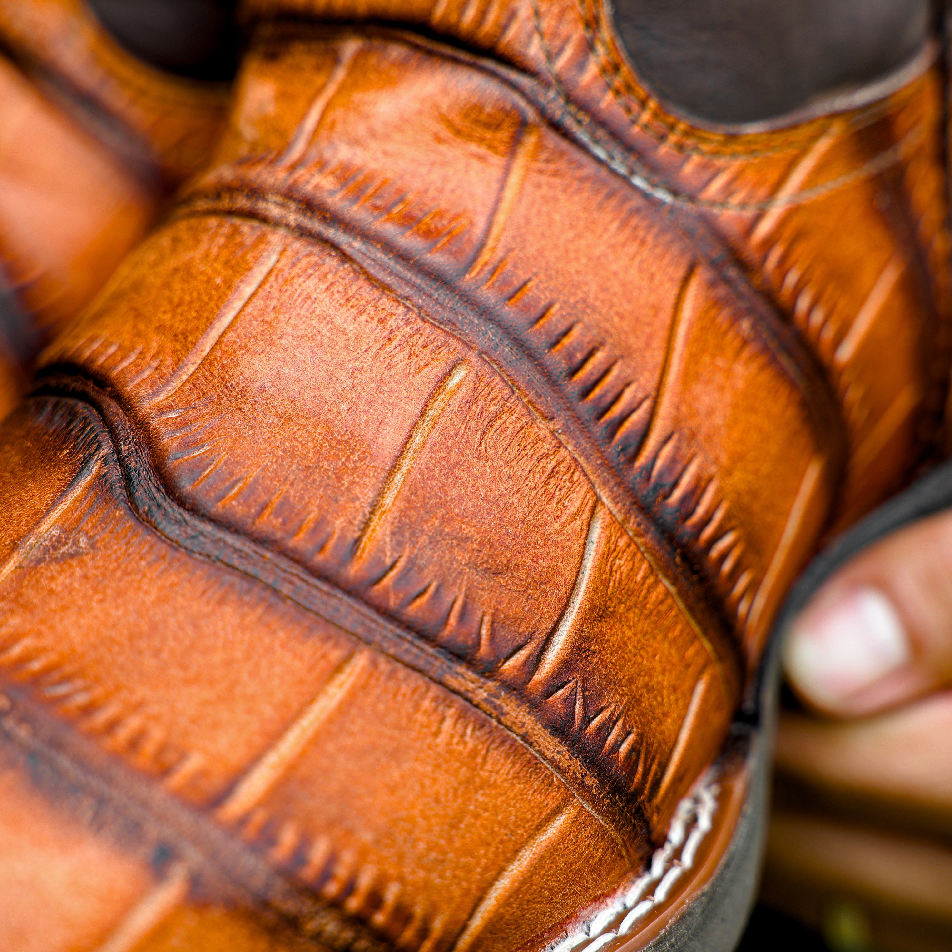 Cognac American Gator Belly Leather Boots With Lightweight Soles - Square Toe