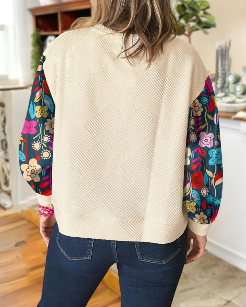 Floral Sleeve Texture Sweatshirt