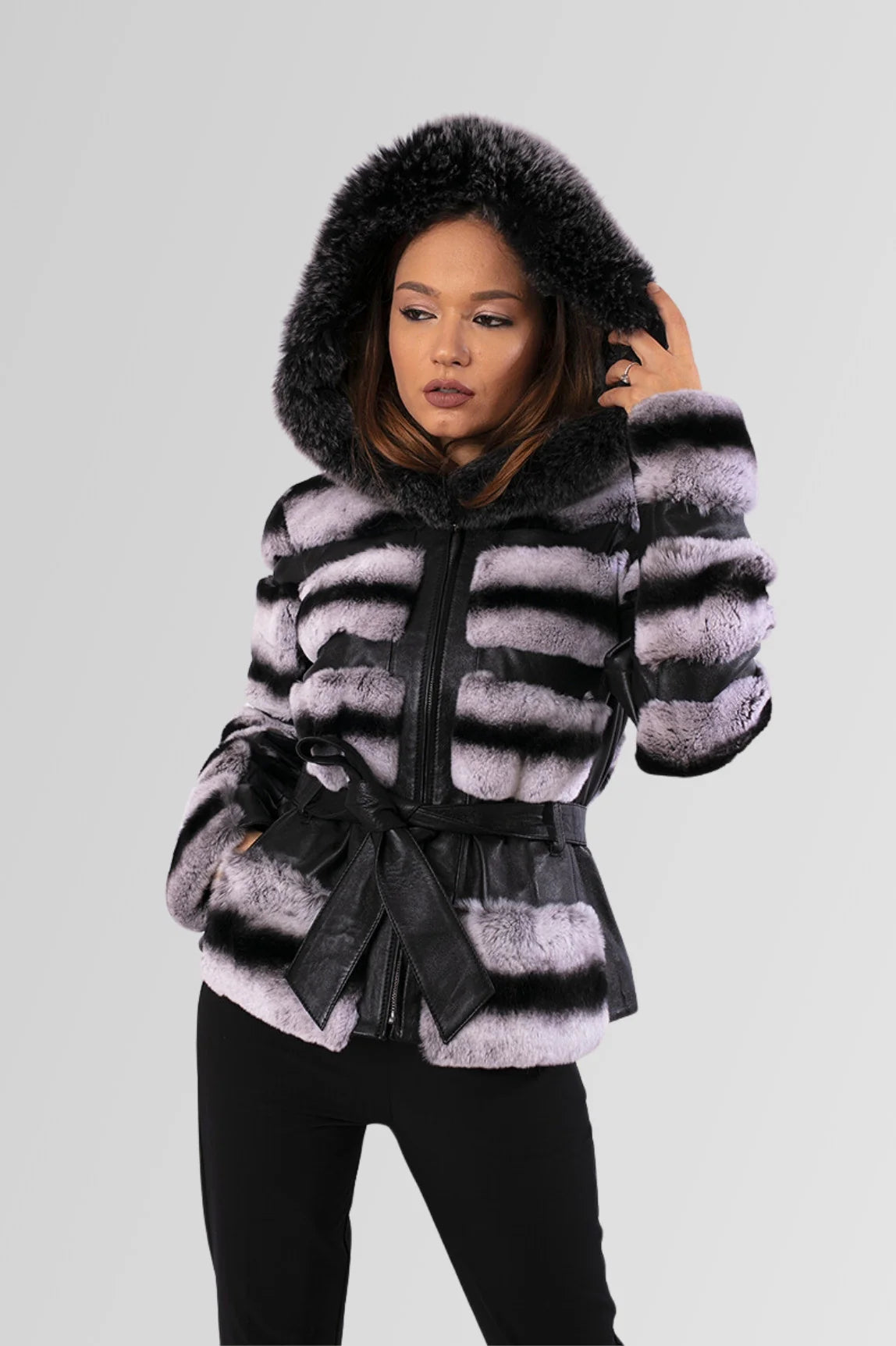 Haină din Blană Naturală de Rex Chinchilla, cu Glugă și Cordon, Femei, Grey Frost 173