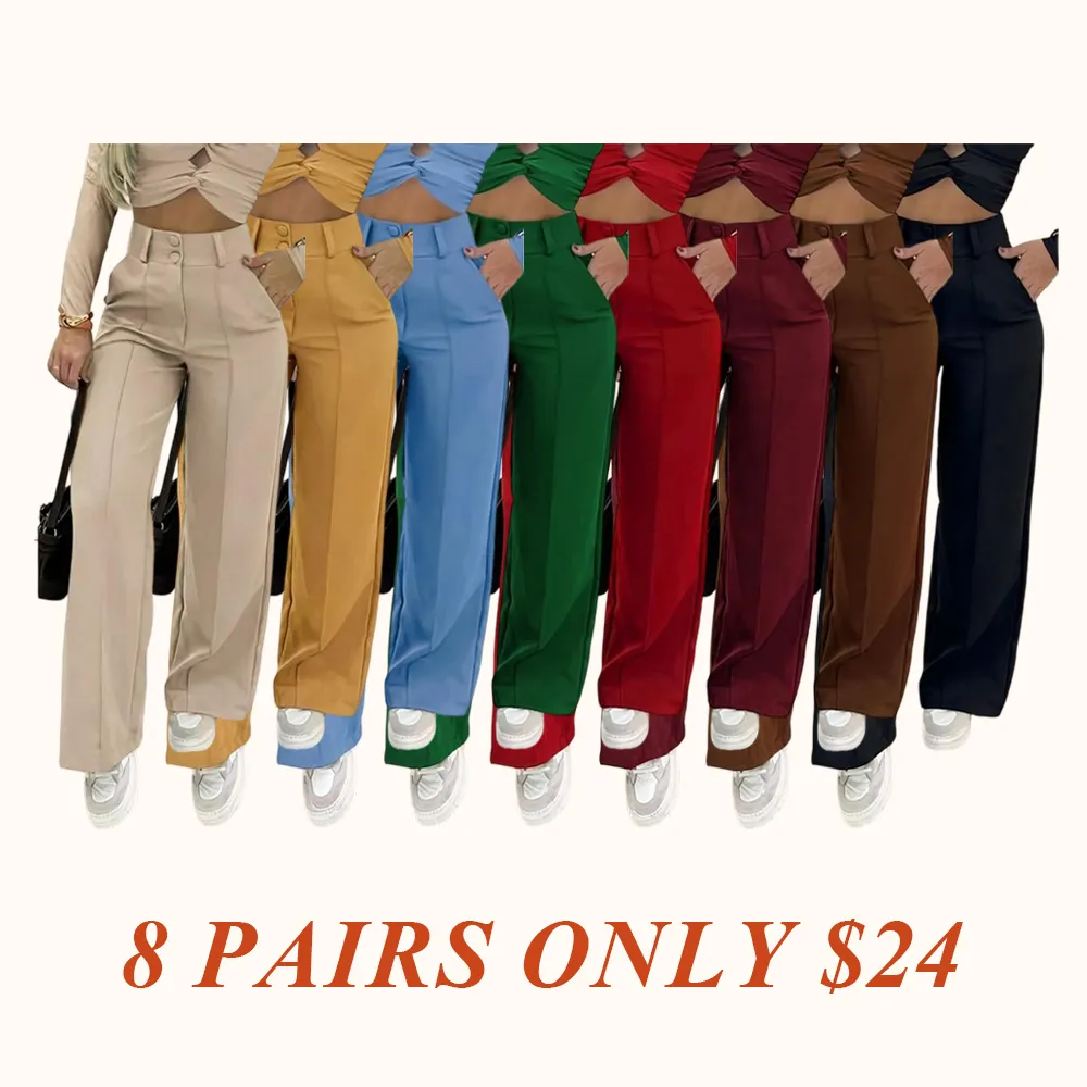 Women's Simple Wide-Leg Pants with Double Button Front