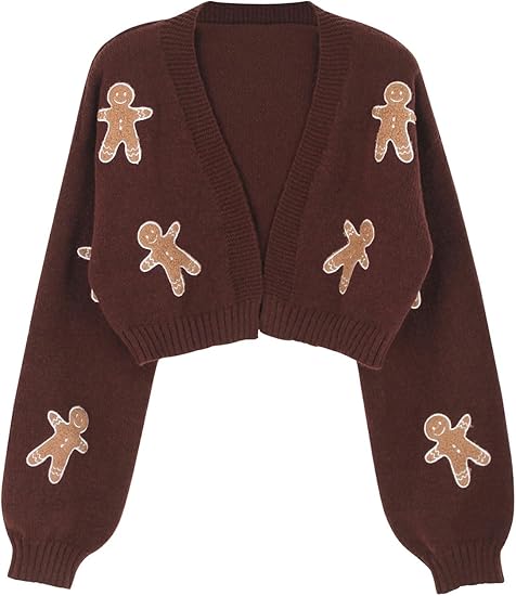 Women's Gingerbread Sweater Cartoon Drop Shoulder Cropped Christmas Cardigan