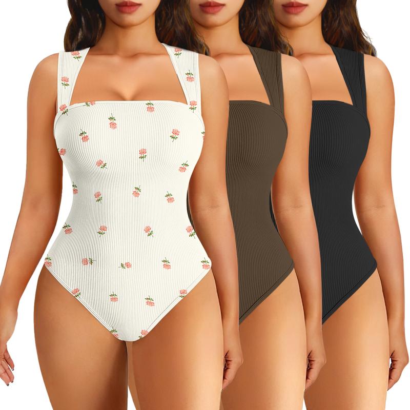 Women's Printed Bodysuit Set Ribbed Square Neck Sleeveless Stretchy Top Nylon Spandex Casual Chic Elegant Comfortable Vacation Style All Seasons