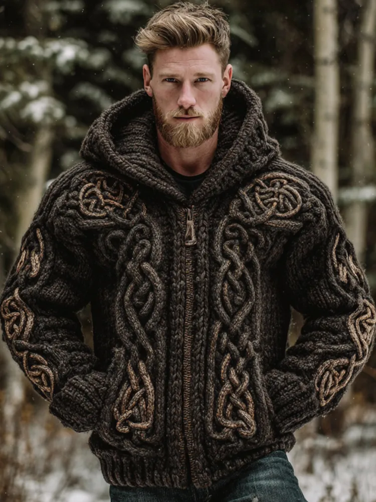 Men's Vintage Viking Celtic Knot Art Chunky Knit Warm Hooded Zip-up Sweater