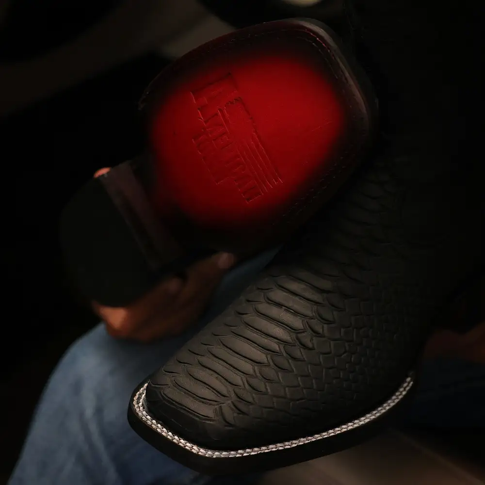 Matte Black Python Leather Boots - Square Toe