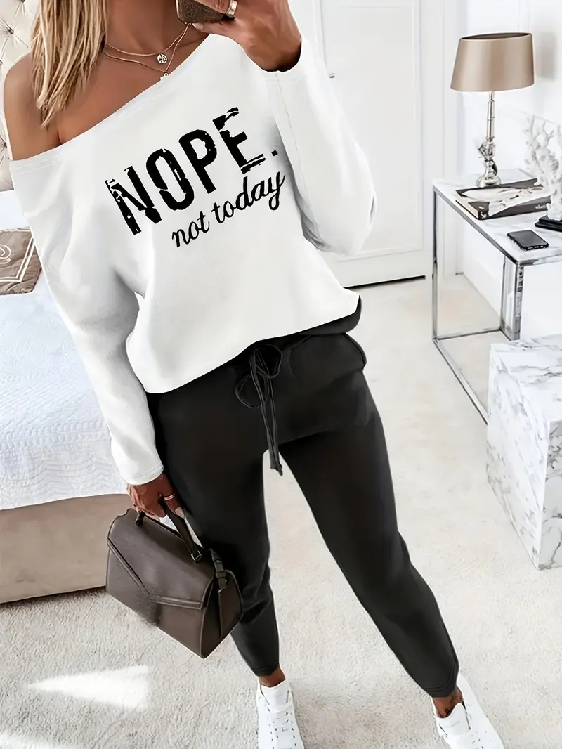 Two Piece Spring/Fall Casual Two-Piece Set with Nope Not Today Print, Long Sleeve Top & Drawstring Pants for Women