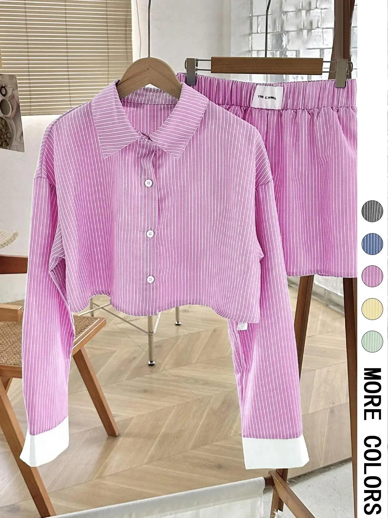 Women's Striped Print Button Front Shirt & Shorts Two-Piece Set