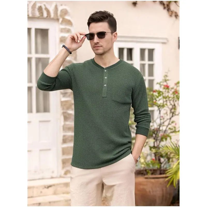 Men's Waffle Henley Long Sleeve Pocket Tee