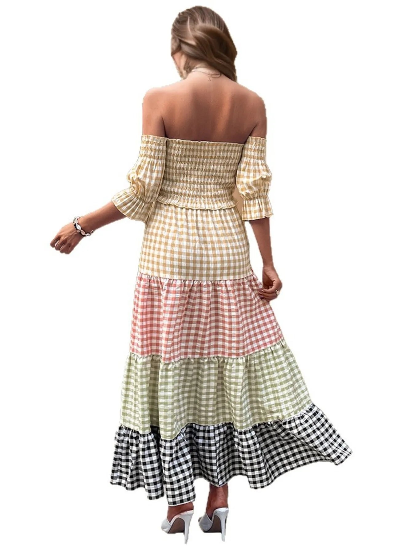 Color Block Plaid Off-Shoulder Maxi Dress