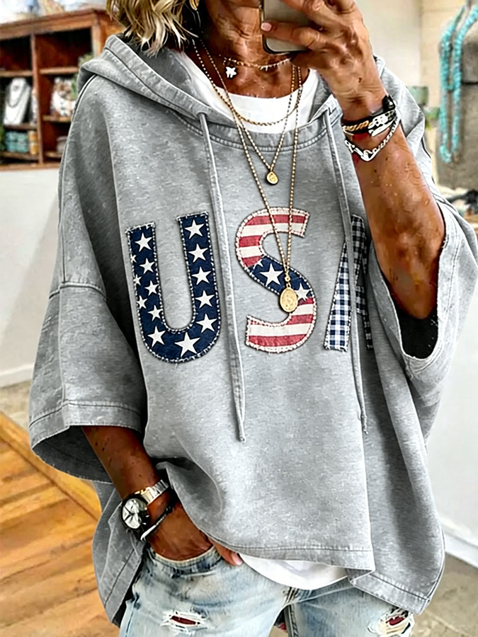 Patriotic Red USA Star Stripe Applique Oversized Hoodie