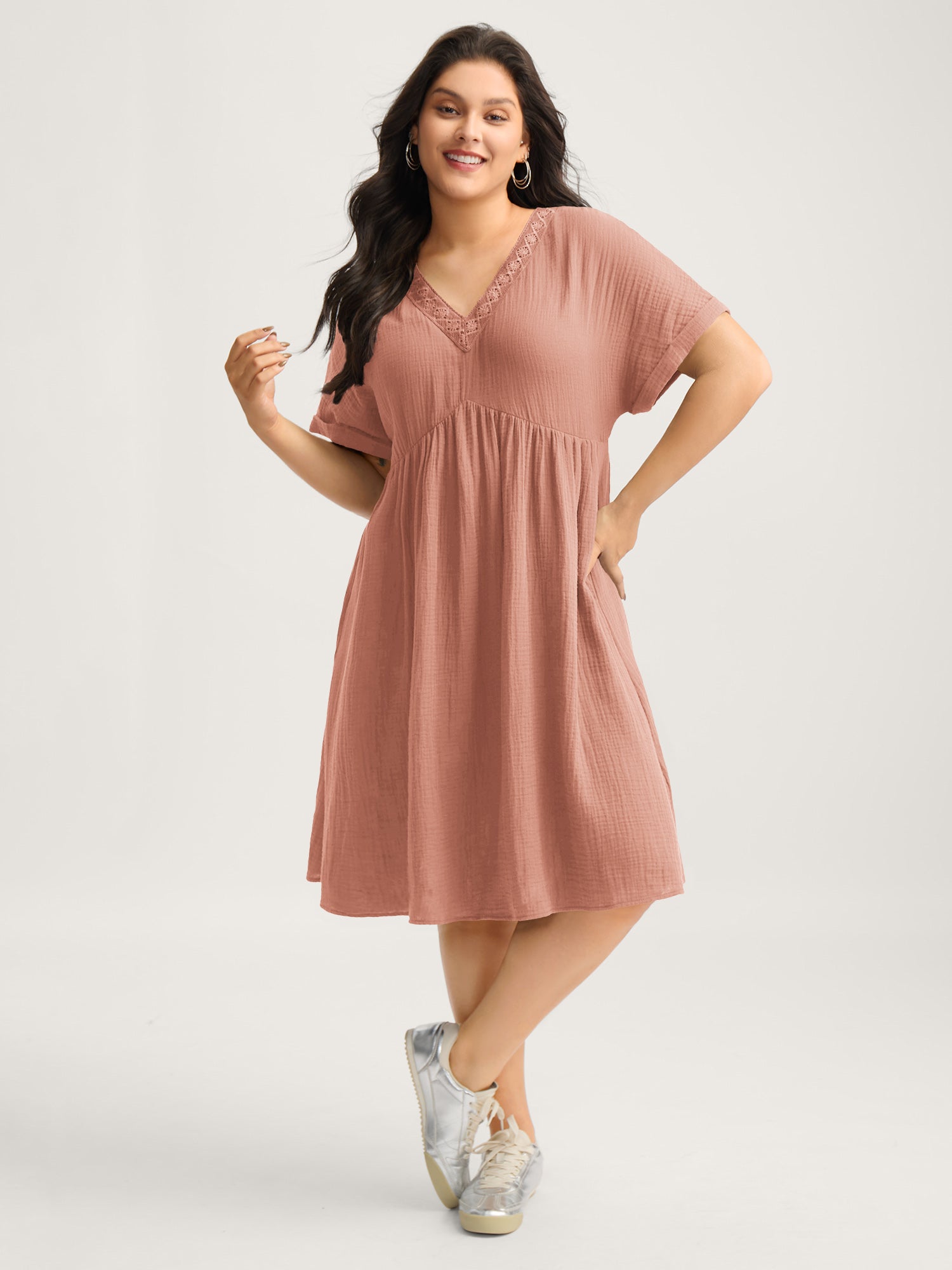 Pure Cotton Lace V-Neck Solid Mini Dress