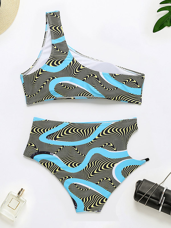 One-Shoulder Padded Bralette High-Waisted Hollow Bikini Swimwear