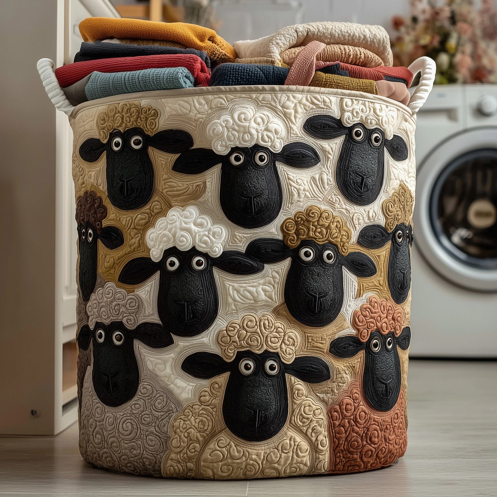 Sunny Sheep Quilted Laundry Basket