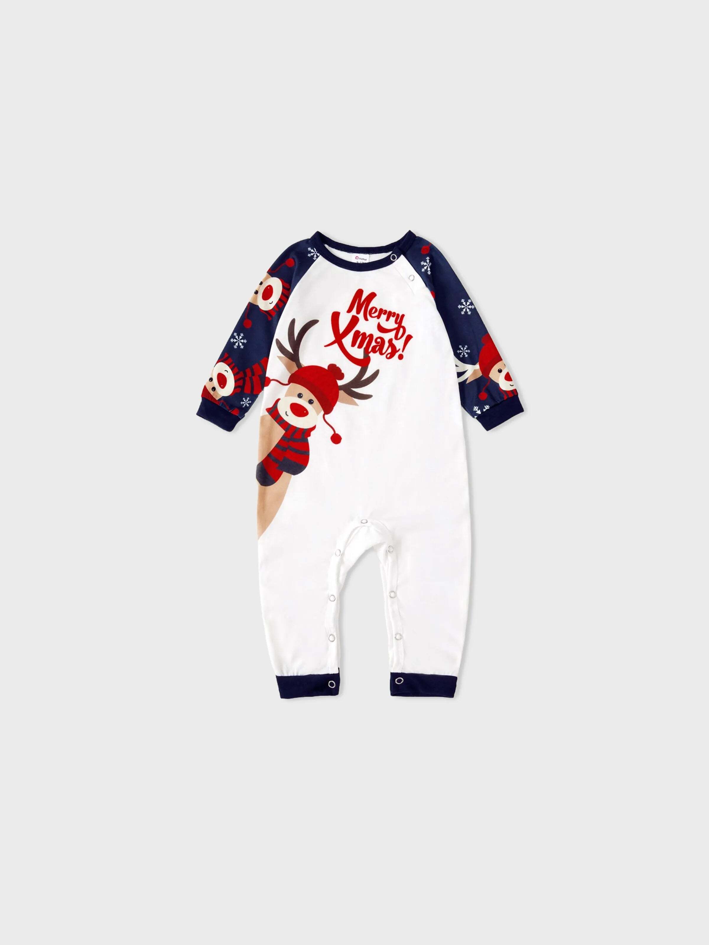 Christmas Family Pajamas Reindeer Pattern Big Graphic Raglan Sleeves Pajamas Sets with Christmas Socks Dark blue/White/Red