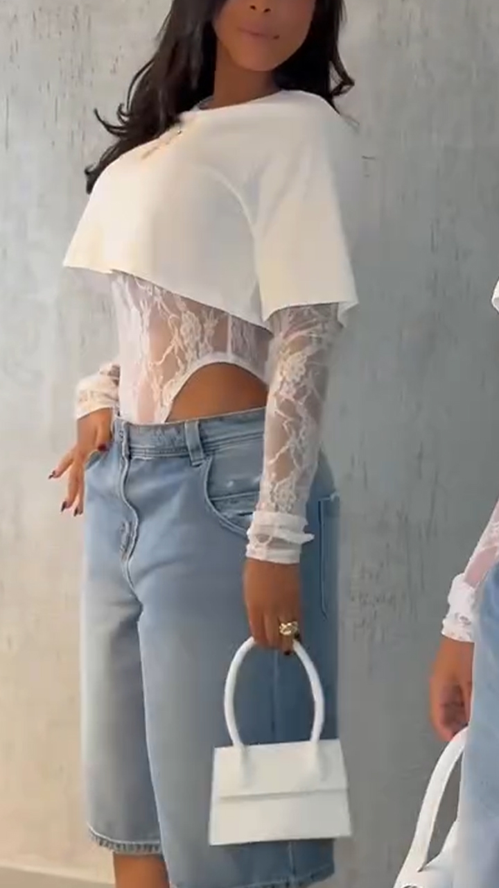 Women's Round Neck Solid Color Short T-shirt + Lace Jumpsuit Two-piece Set