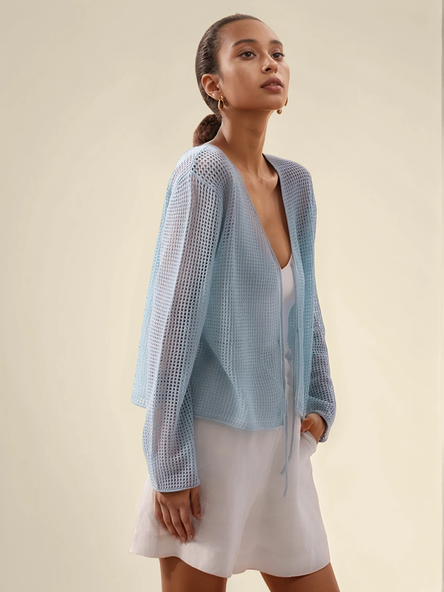 Lyocell & Linen V-Neck Long Sleeve Tie Cardigan