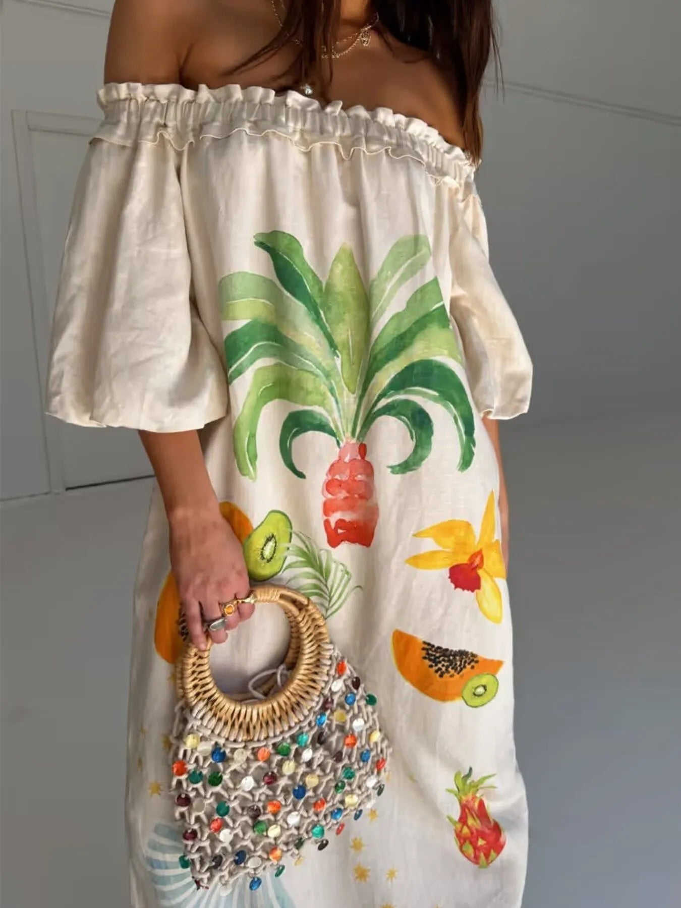 Frill Printed Off-Shoulder Dress