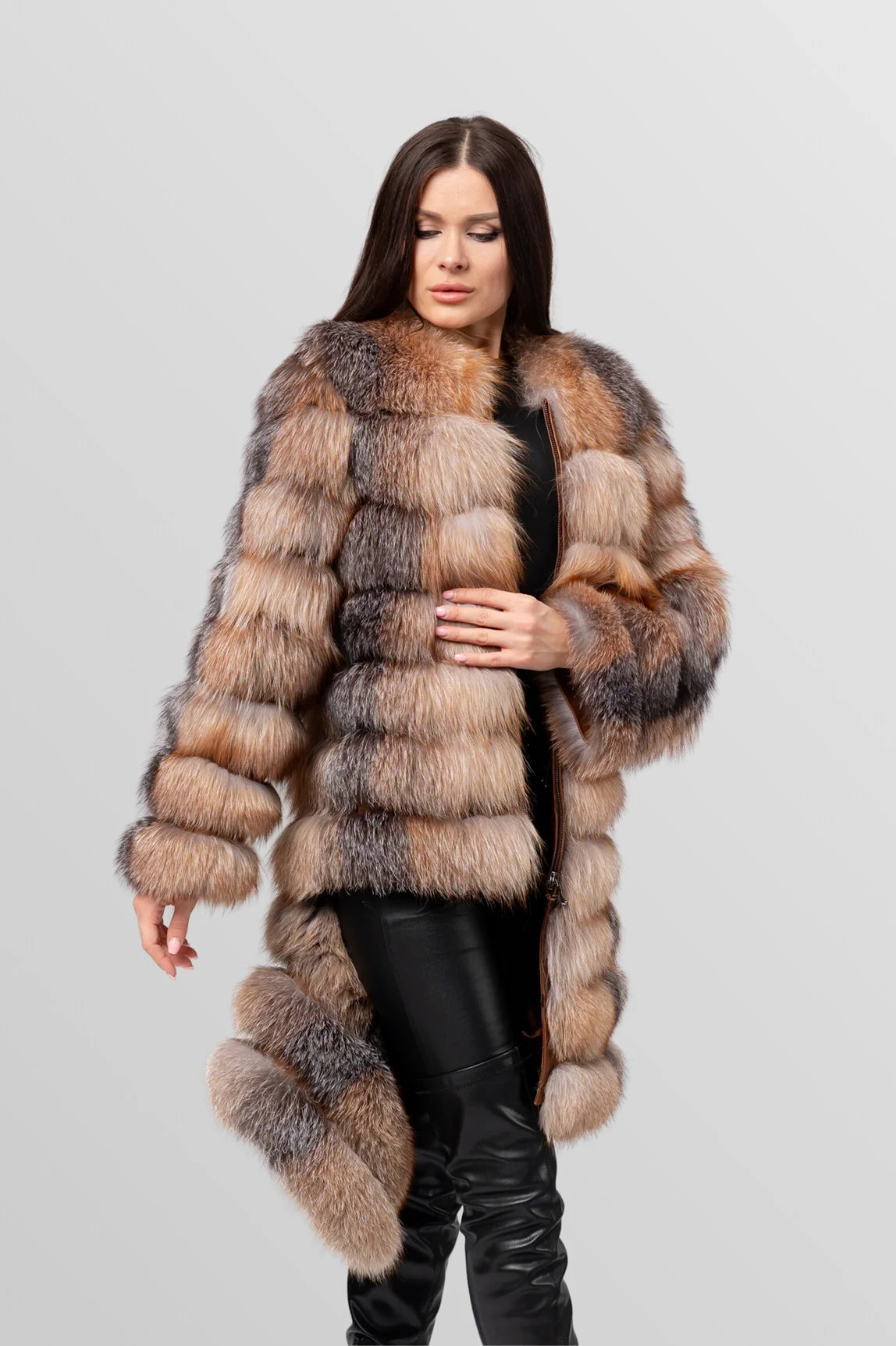 Haină din Blană Naturală de Vulpe Argintie, Transformabilă 6 în 1, Femei, Brown Frost 241