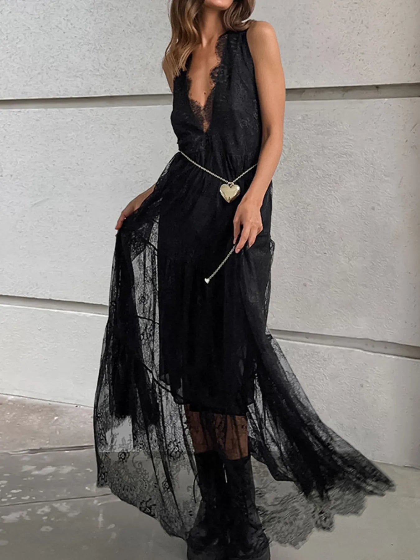 Lace Deep V-Neck Maxi Dress