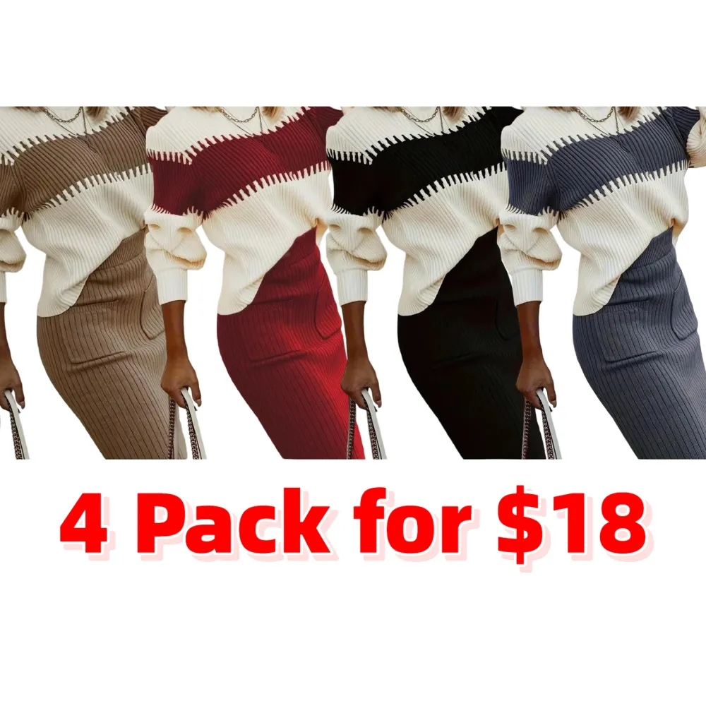 Women's Colorblock Bishop Sleeve Mock Neck Sweater & High Waist Skirt Set