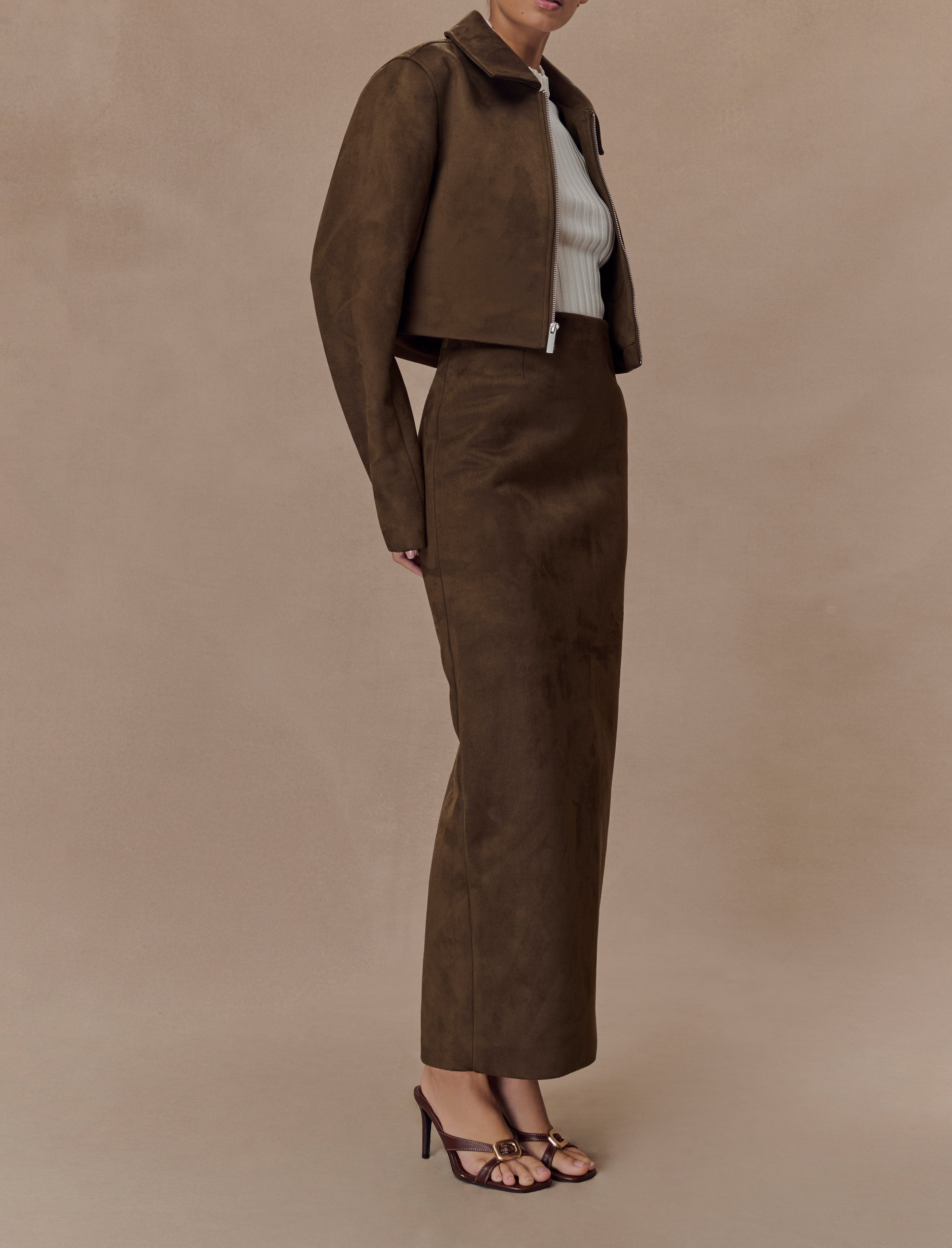 Chocolate Faux Suede Midi Skirt