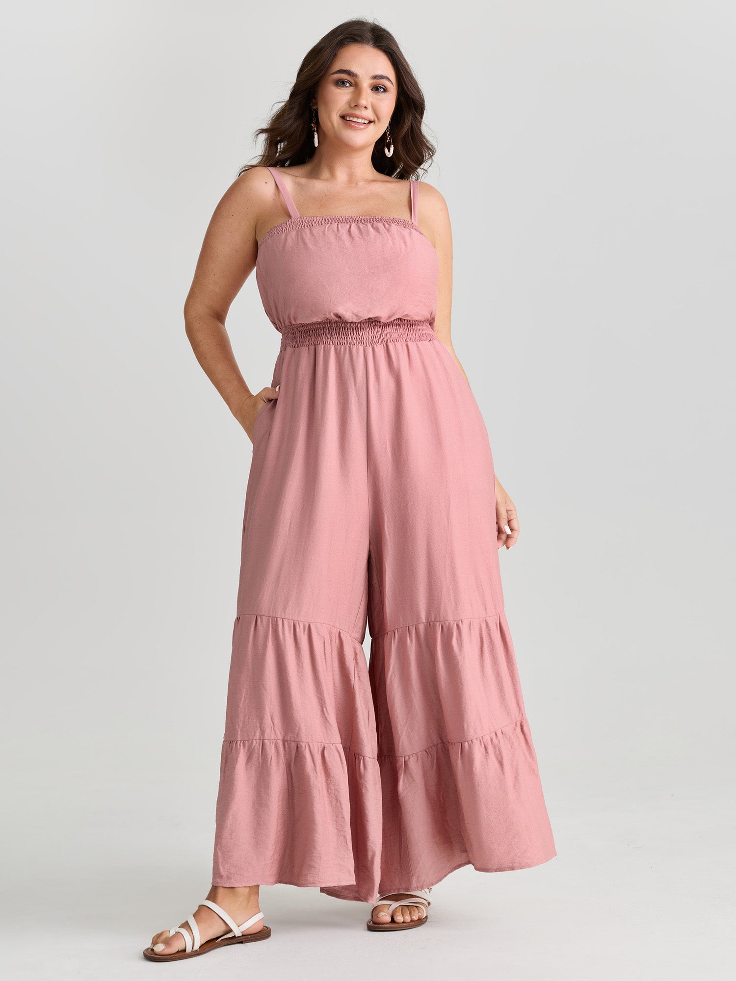 Shirred Tiered Adjustable Jumpsuit