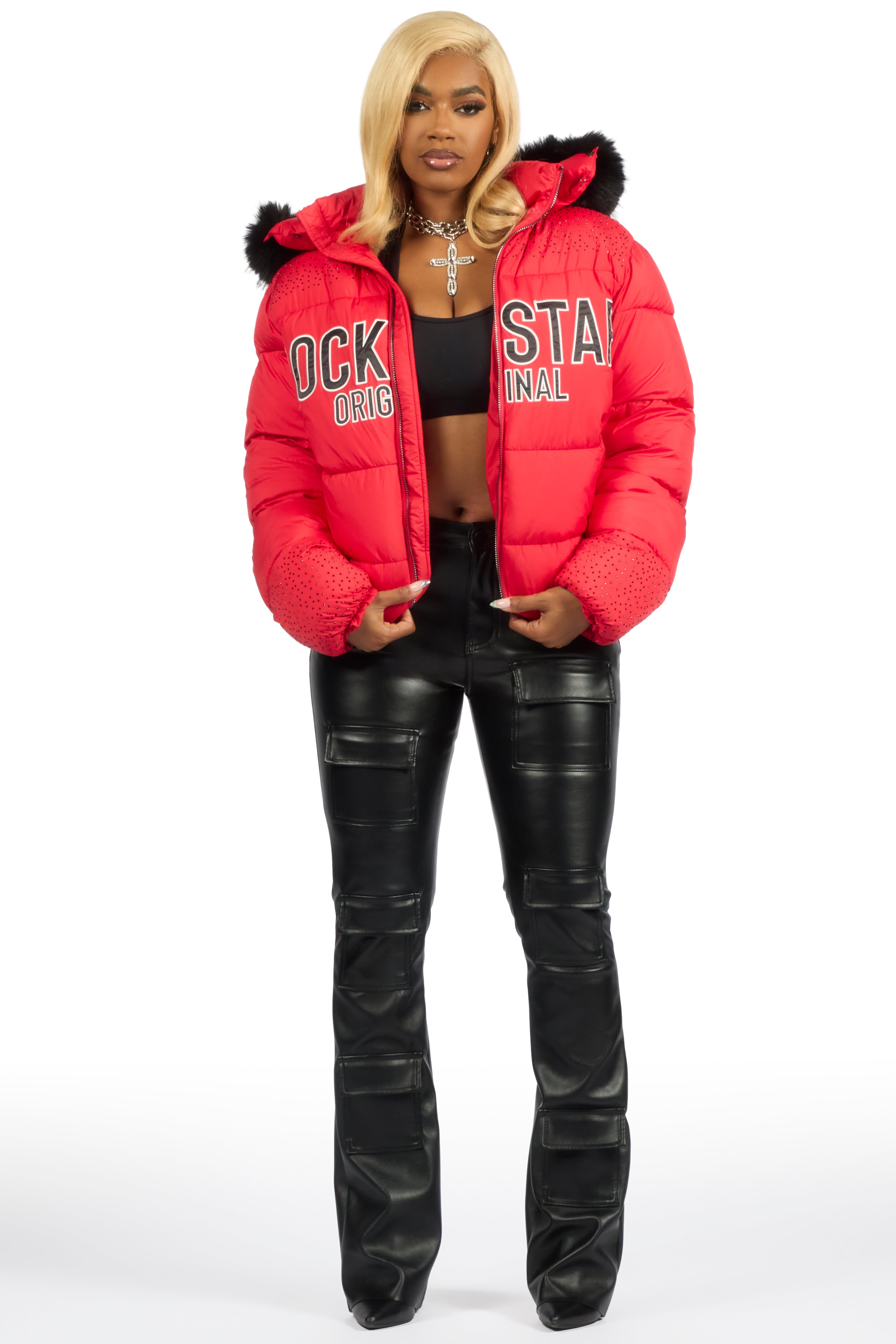 Natia Red Oversized Rhinestone Puffer Jacket