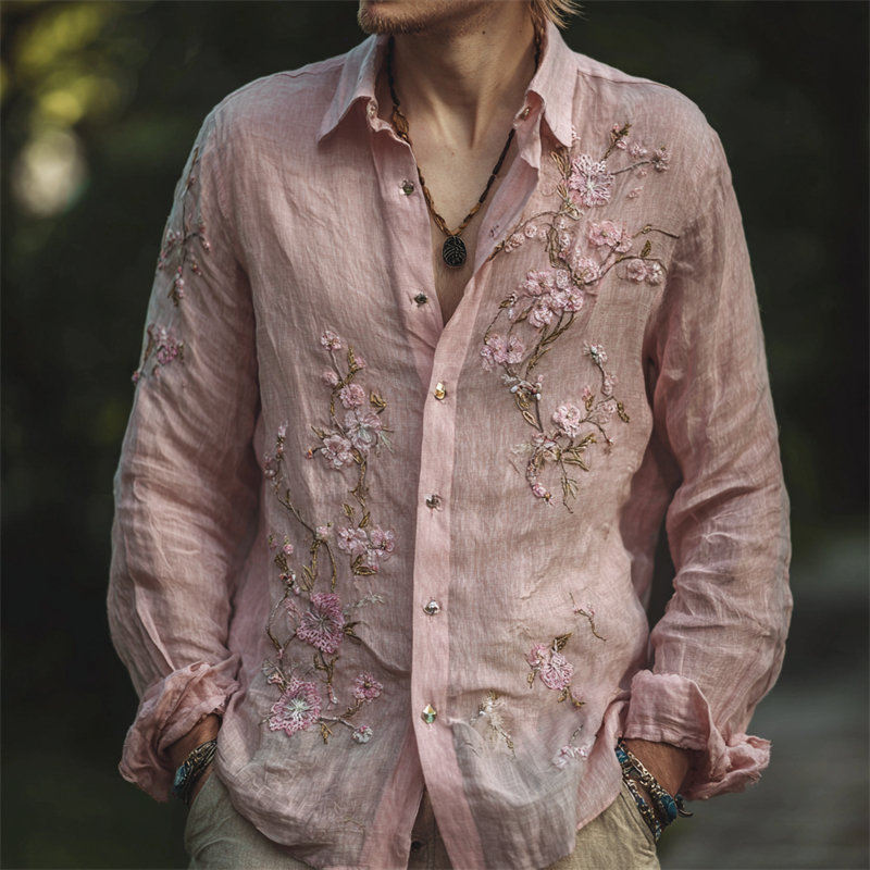 Men's Vintage Pink Cherry Blossom Embroidered Linen Shirt