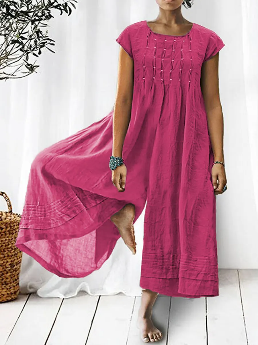 Women's Solid Color Art Casual Short Sleeve Cotton Linen Jumpsuit