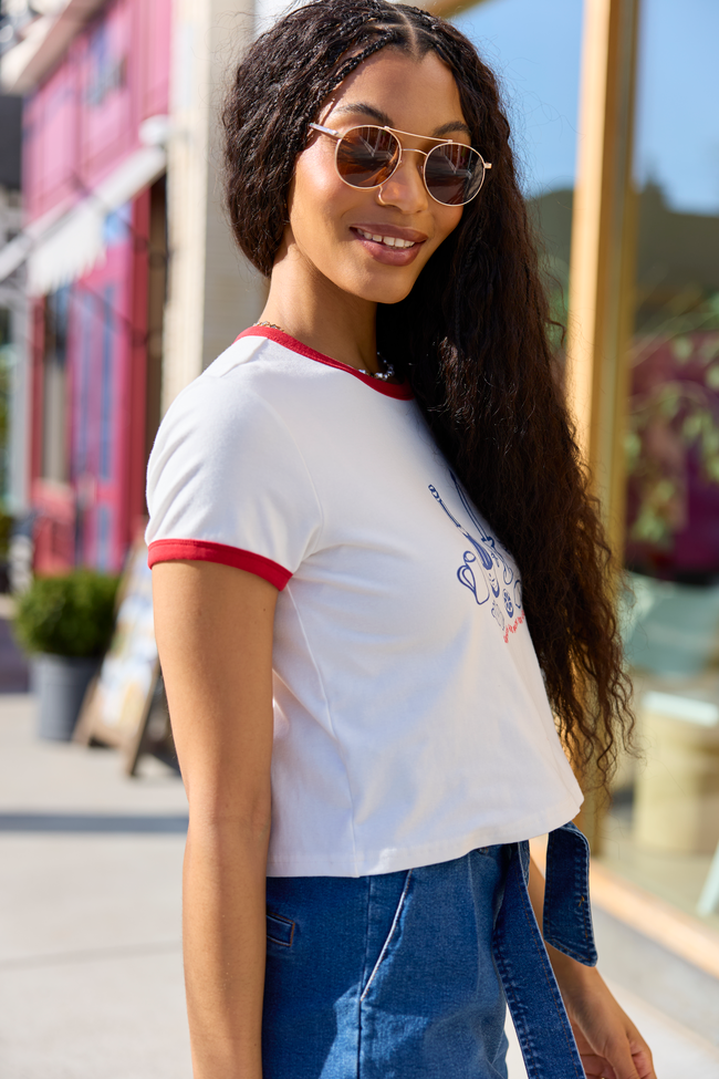 Croissants For Dinner White Graphic Cropped Tee