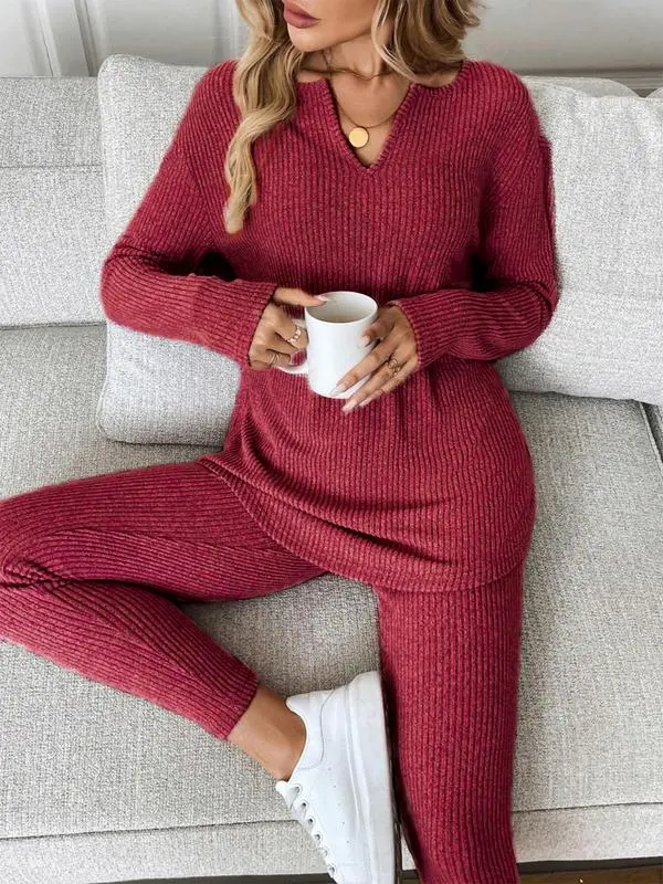 Women’s Plush Rib-Knit Long Sleeve Top & Leggings Set for Autumn/Winter