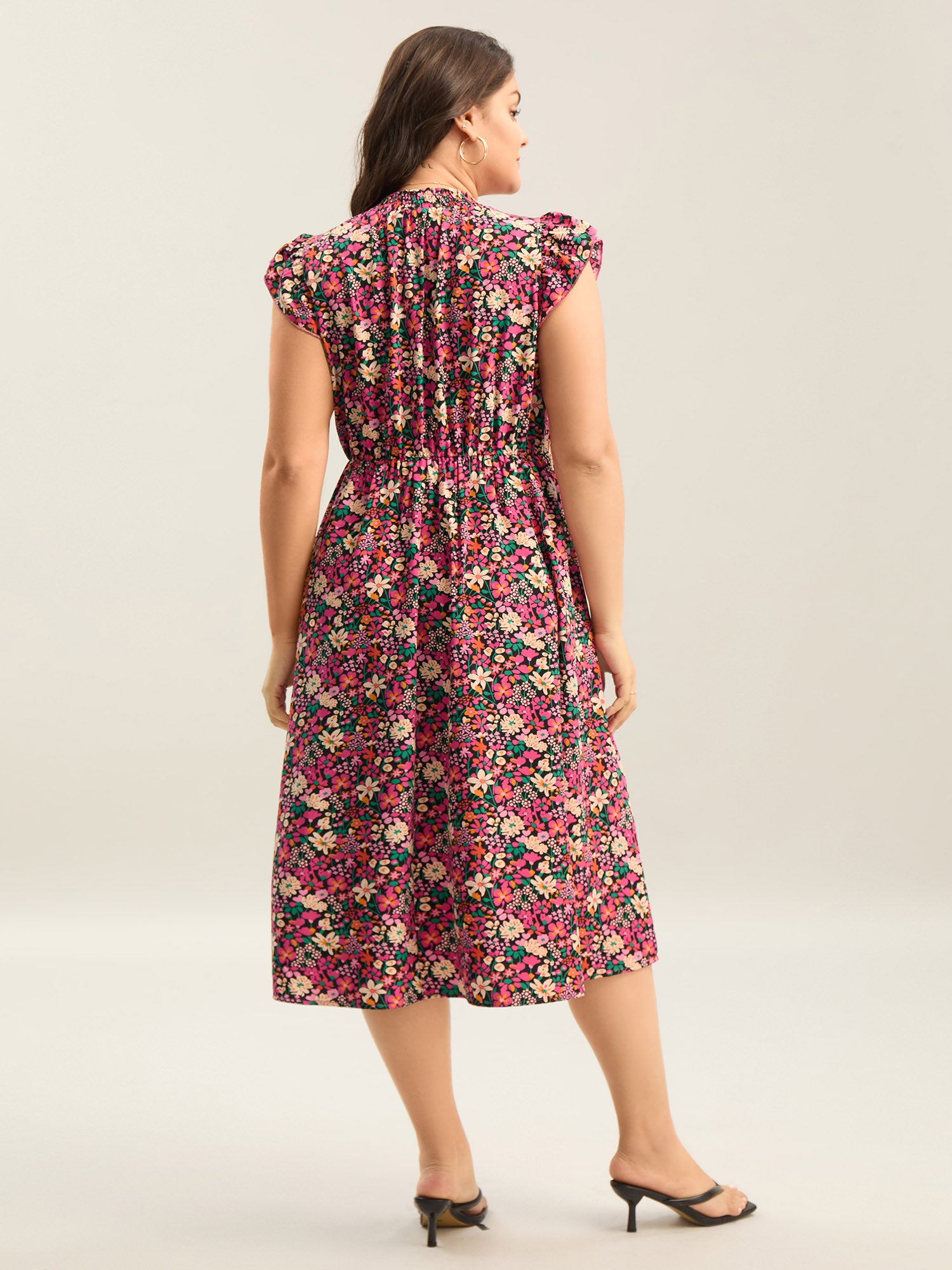 Floral Print Shirred Pockets Midi Dress