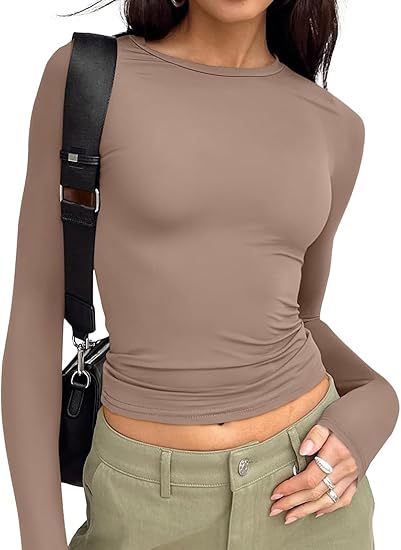 【Limited time deal】Women's Undershirt Long Sleeve SlimRound Neck Slim Fit Streetwear Basic Minimalist Womenswear Top