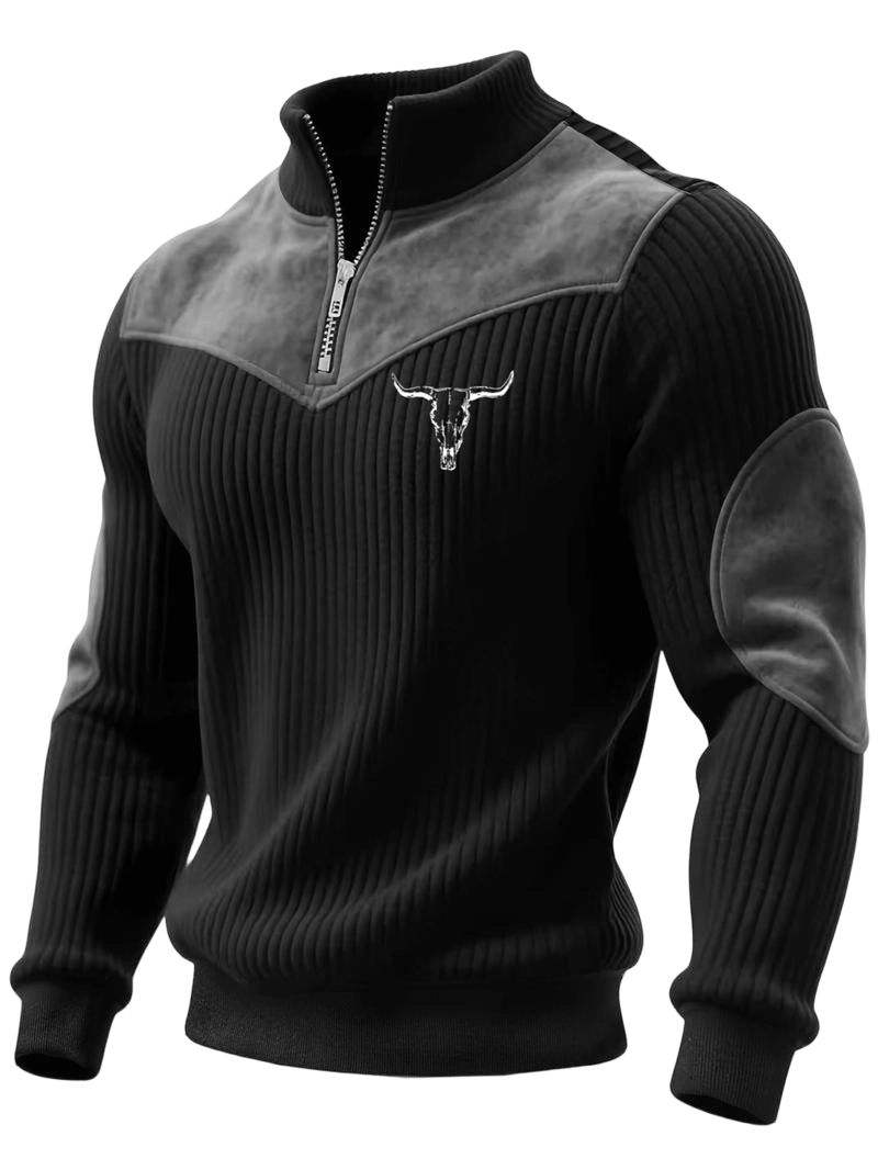 Men's Stand Collar Pullover Sweater, Autumn Winter Warm Half Zip Cow Head Print