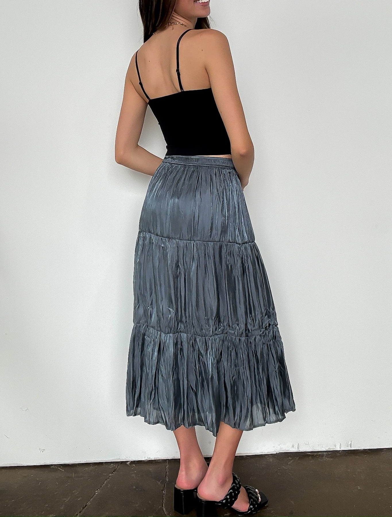 Captivating Delight Tiered Crinkle Shimmer Satin Skirt