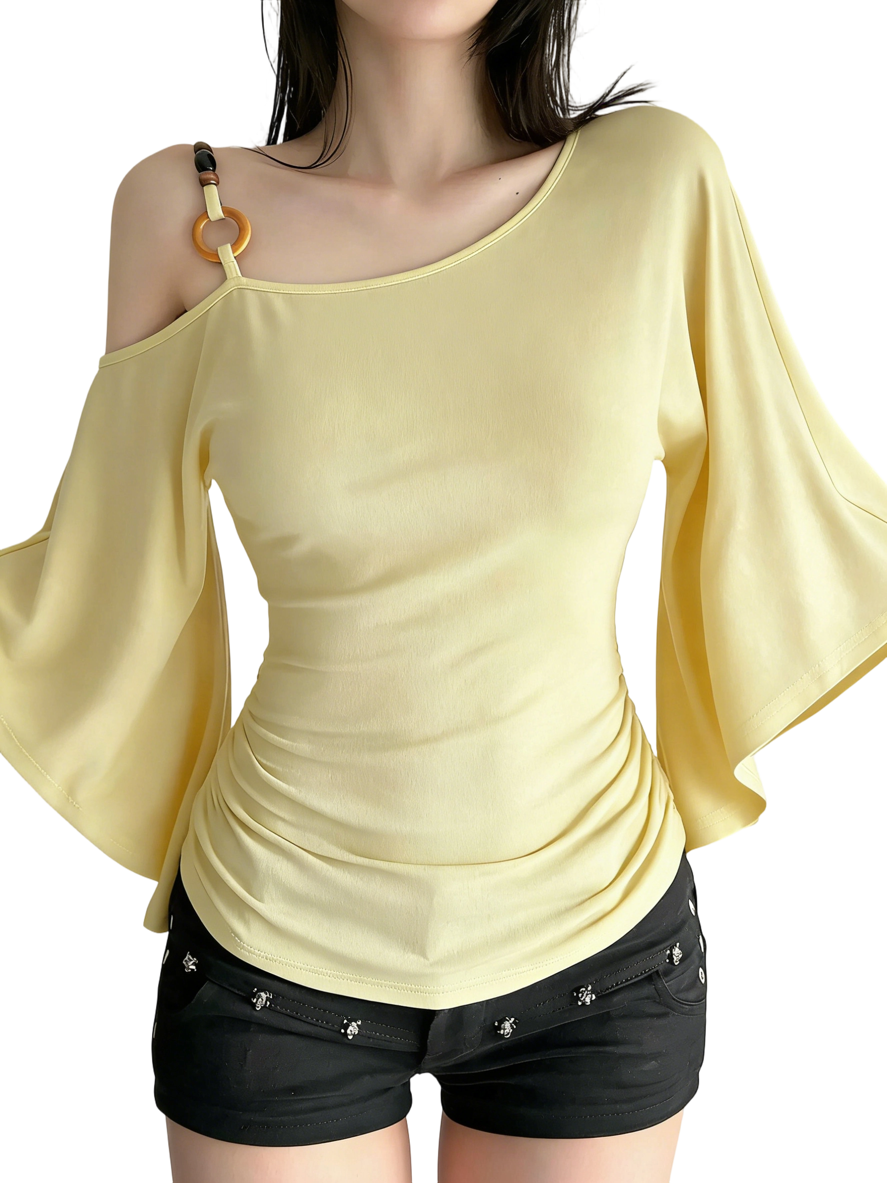 Women’s Retro Ethnic Beaded Asymmetrical Shoulder Flounce Sleeve Flared Top