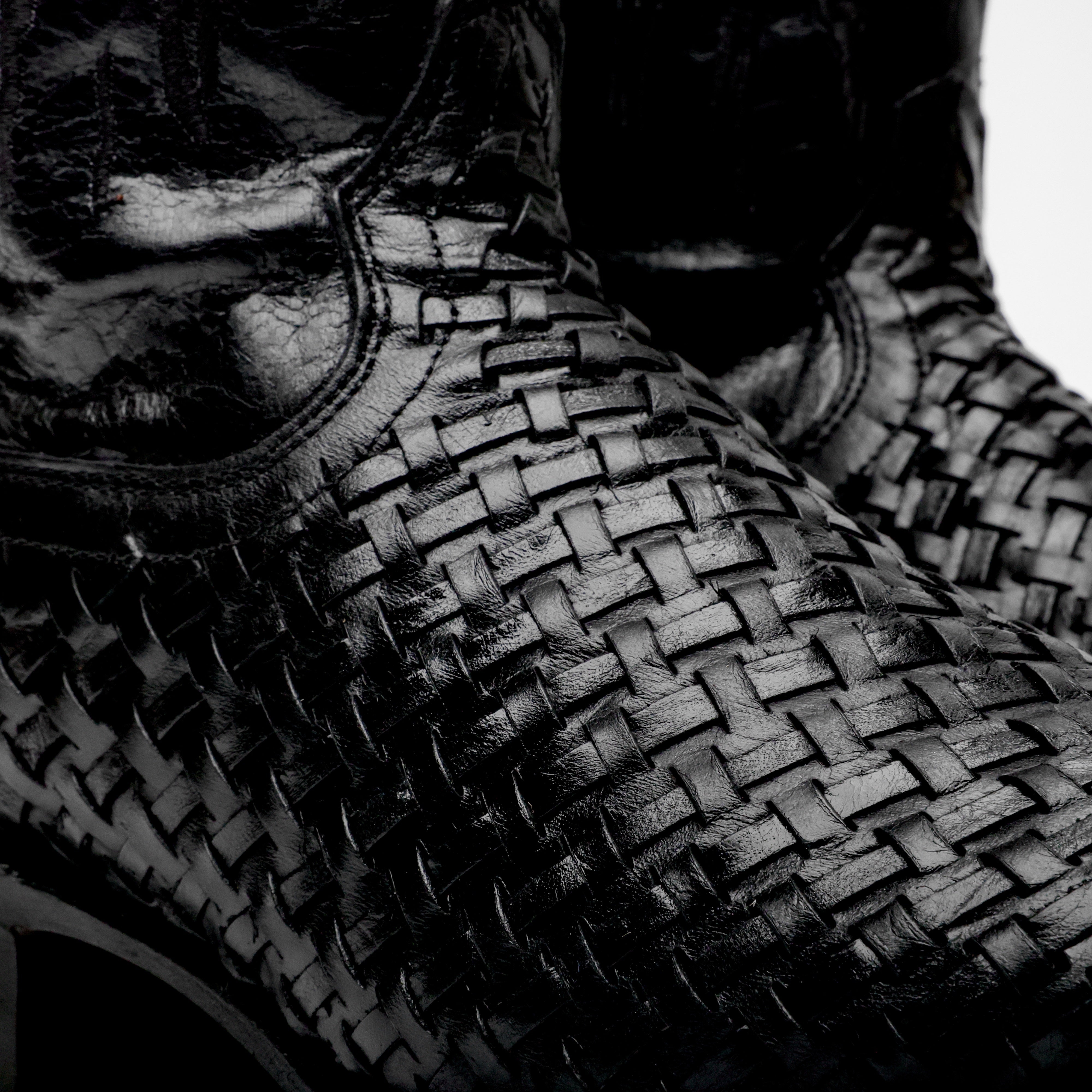 Black Basketweave Leather Boots - Square Toe