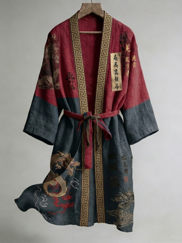 Japanese Calligraphy And Dragon Art Combined In A Linen Blend Kimono