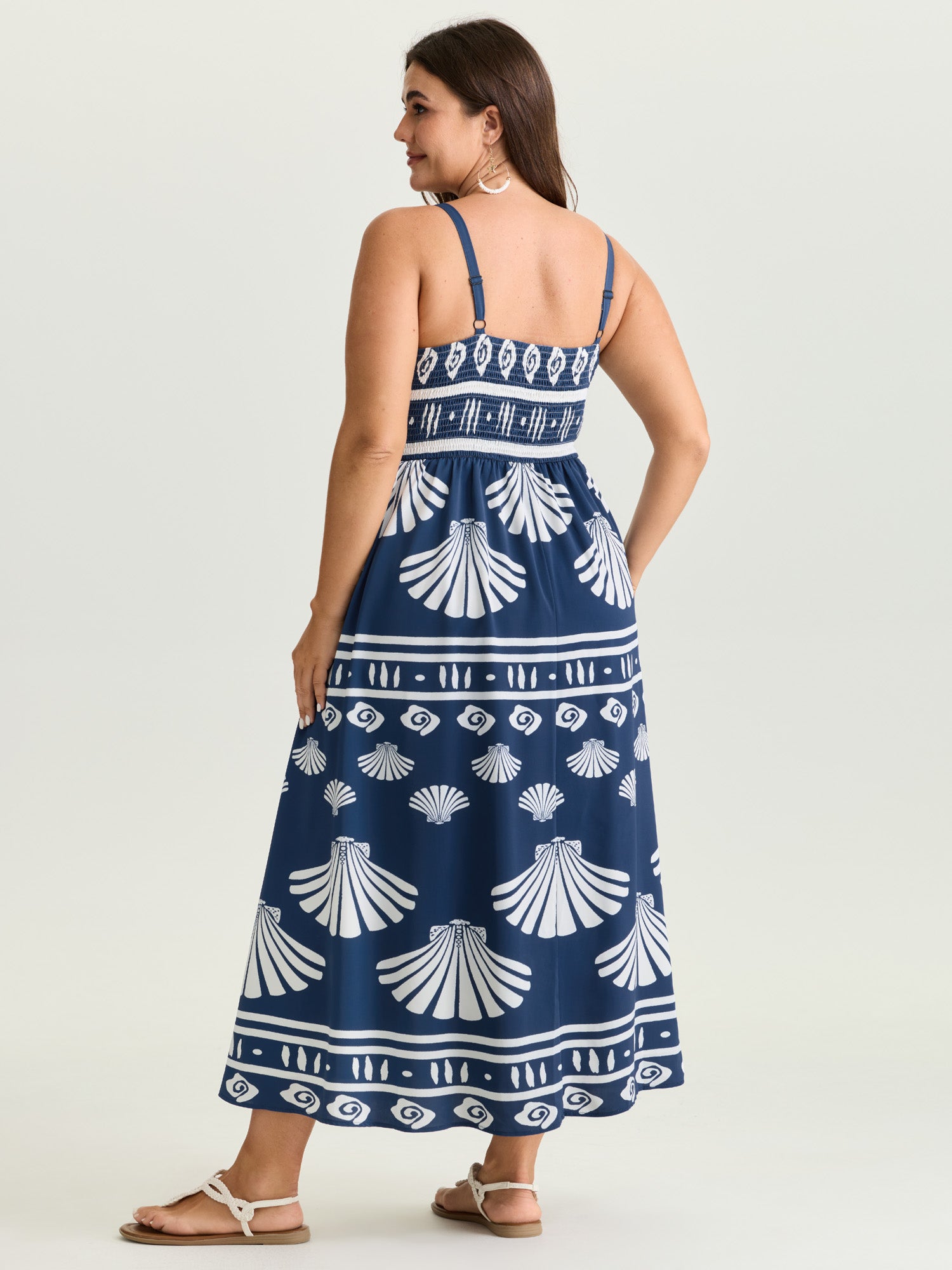 Seashell Print Wide Strap Flowy Maxi Dress
