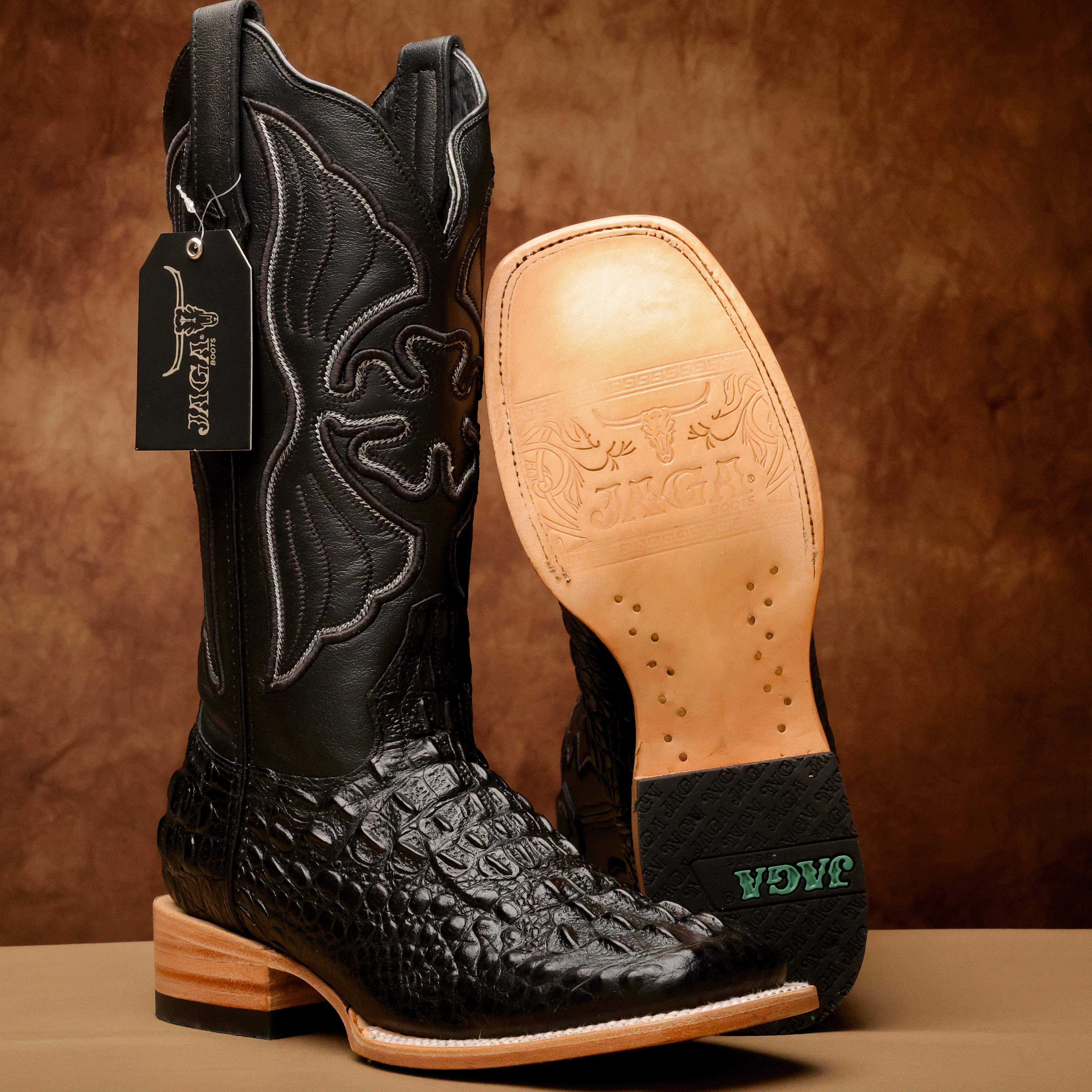 Black Caiman Neck Leather Boots - Square Toe