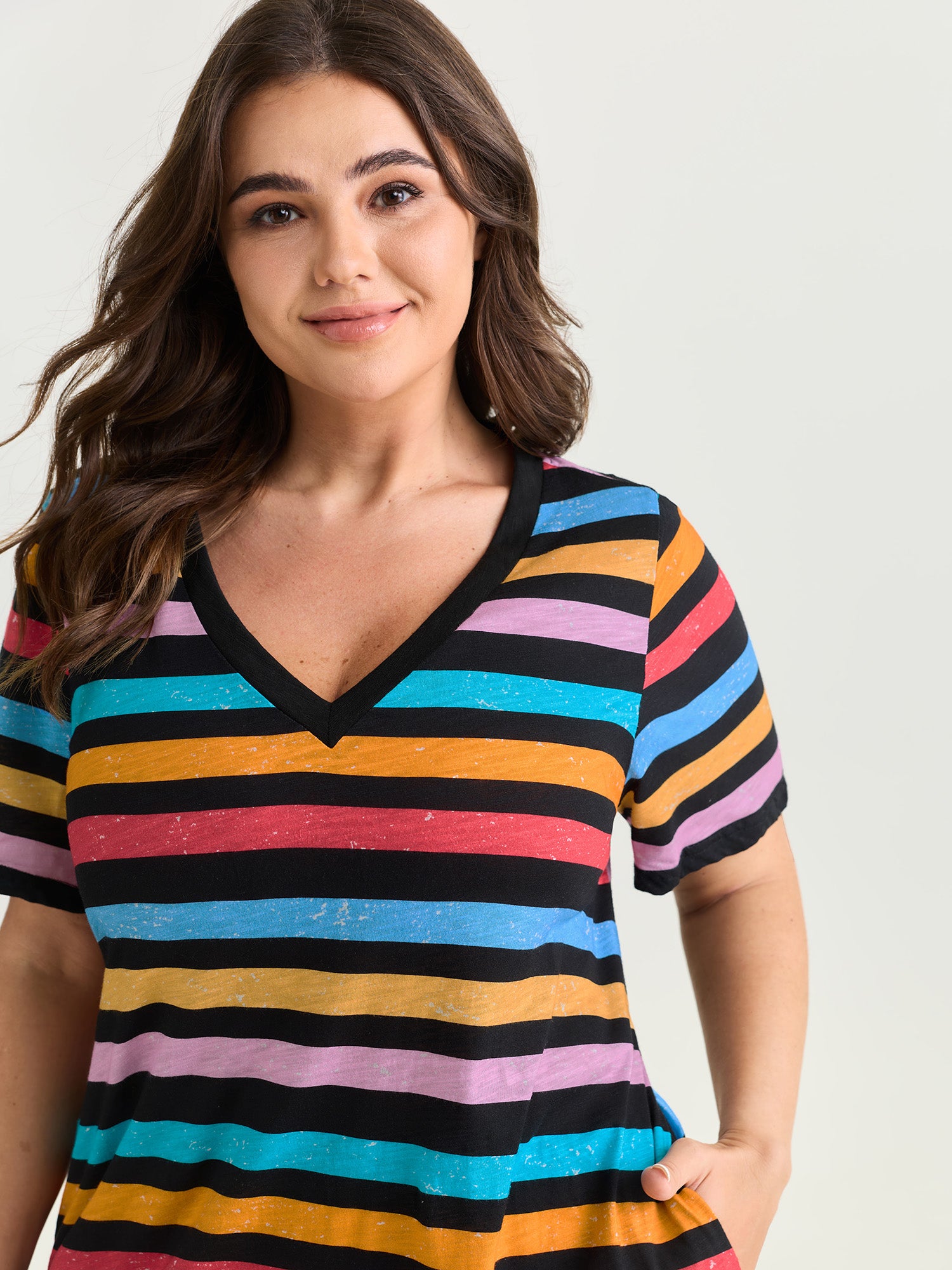 Cotton Stretchy Colorful Striped V-Neckline Midi Dress
