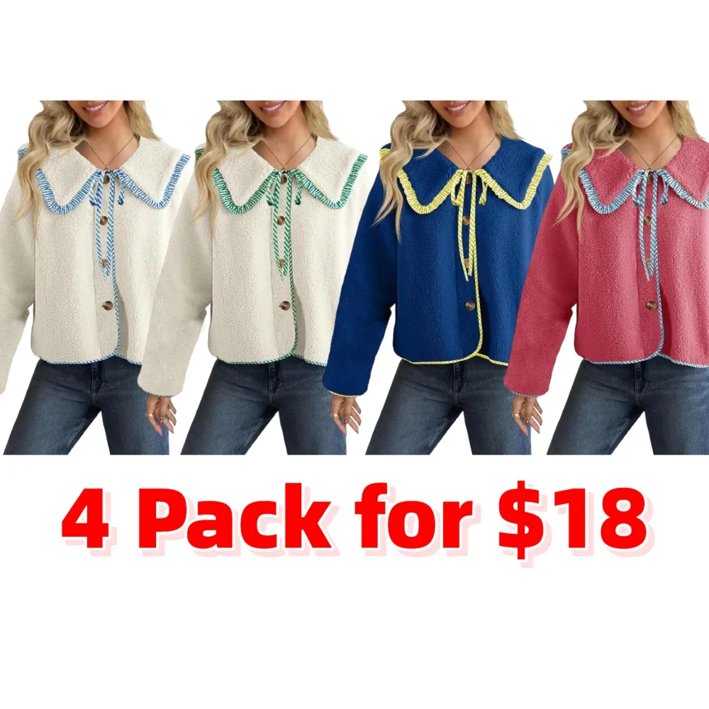 Womens Fuzzy Fleece Jacket Peter Pan Collar Button Down Fall Winter Sherpa Coats