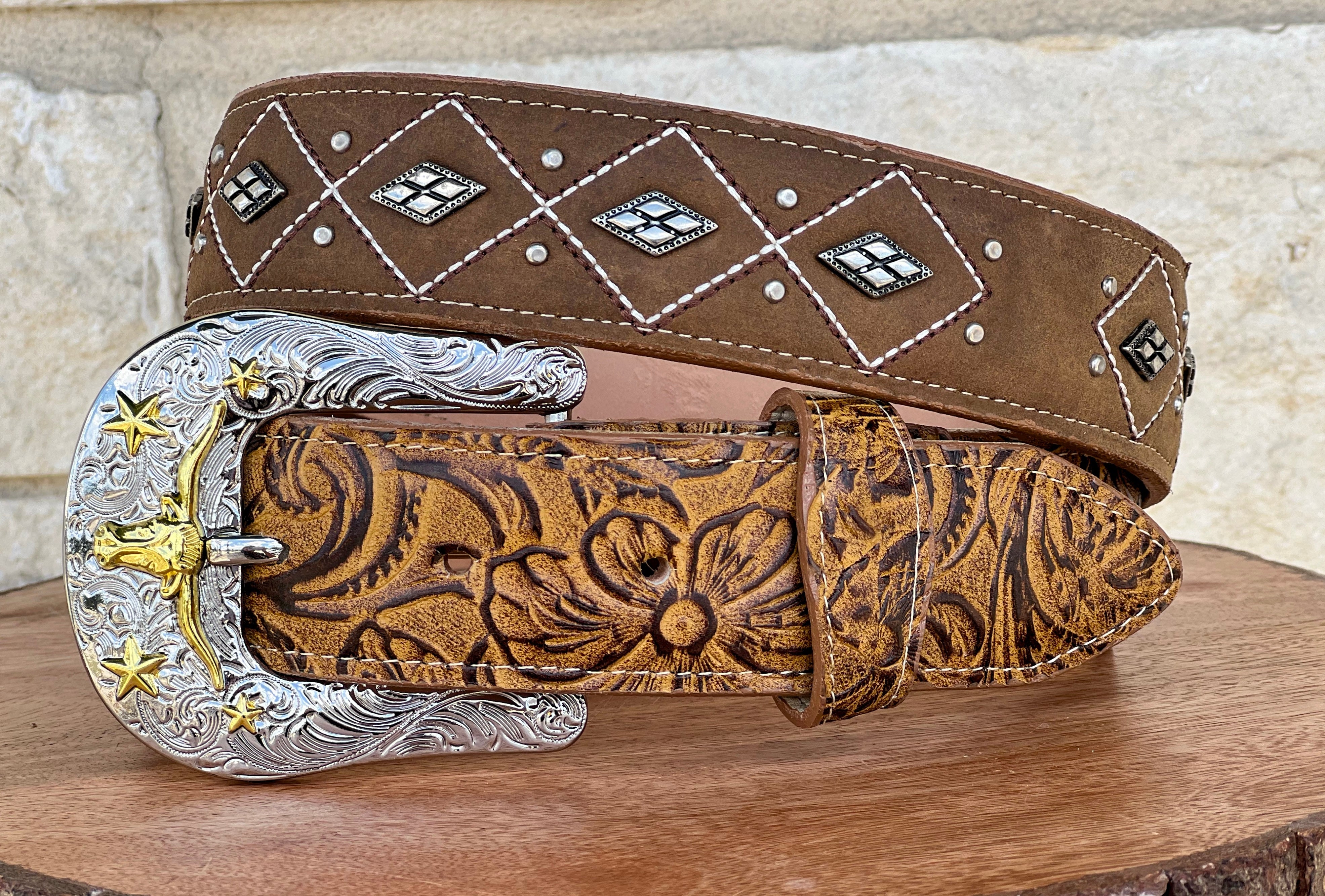 Honey Hand-Tooled Leather Belt With Silver Studs