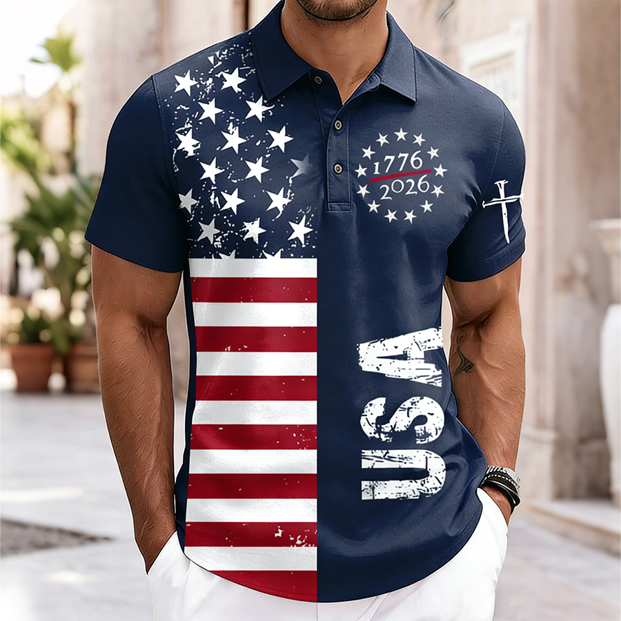 Men'S Casual American Flag USA Personalized Printed Short Sleeved Polo Shirt