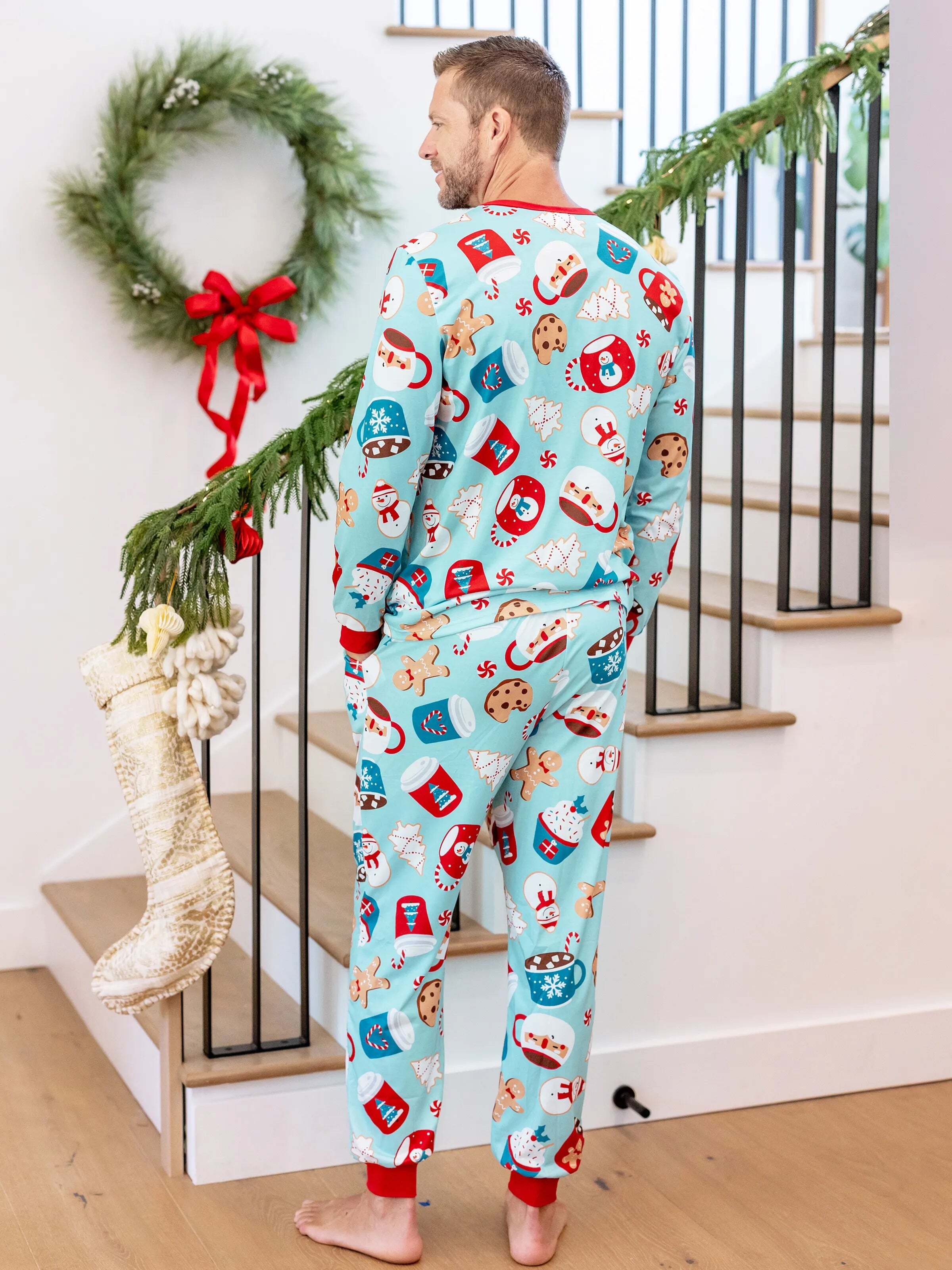 Christmas Matching Family Pajamas Set Gingerbread Print Blue and Red PJS with Christmas Socks Light Blue